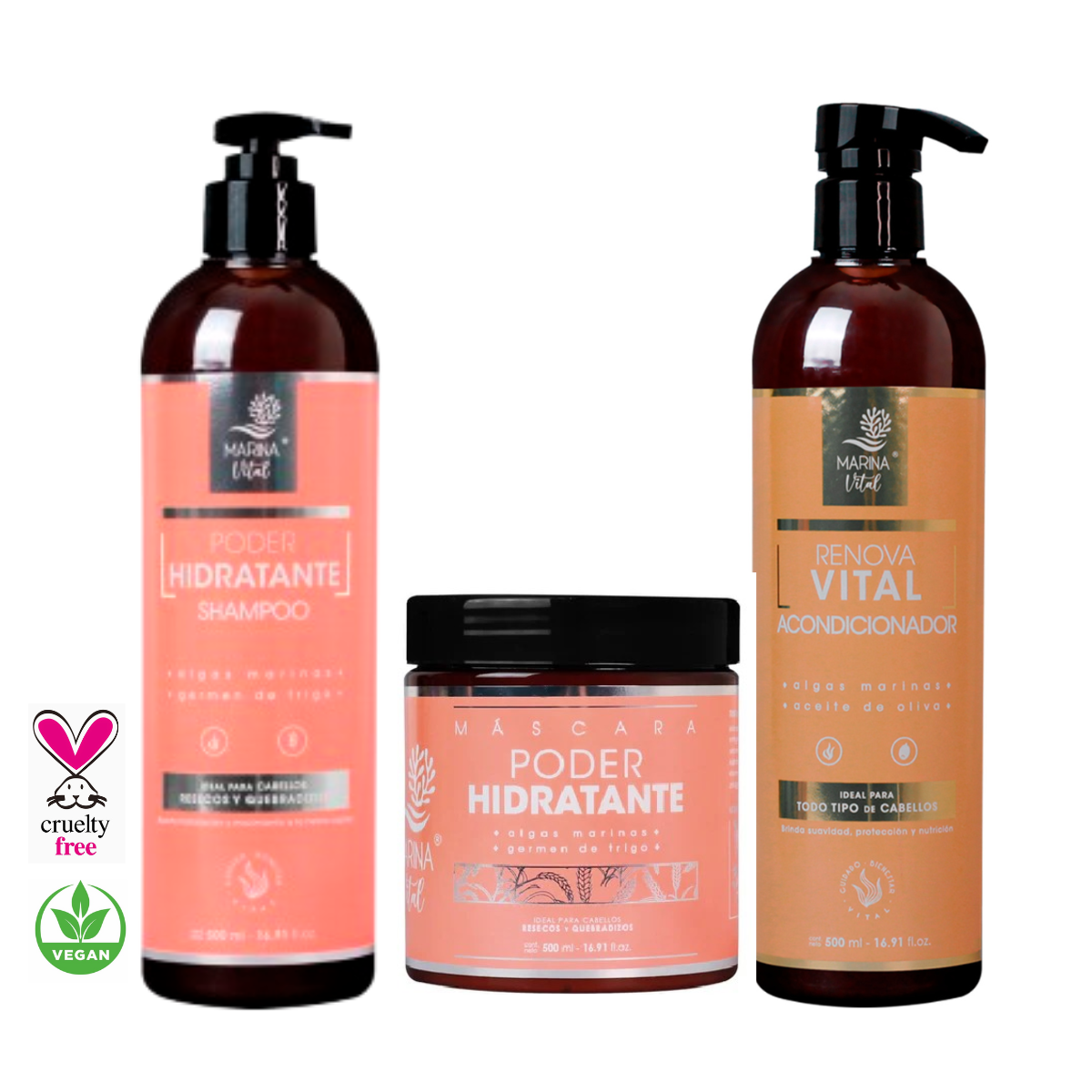 Shampoo y Mascara Poder Hidratante más Acondicionador Marina Vital