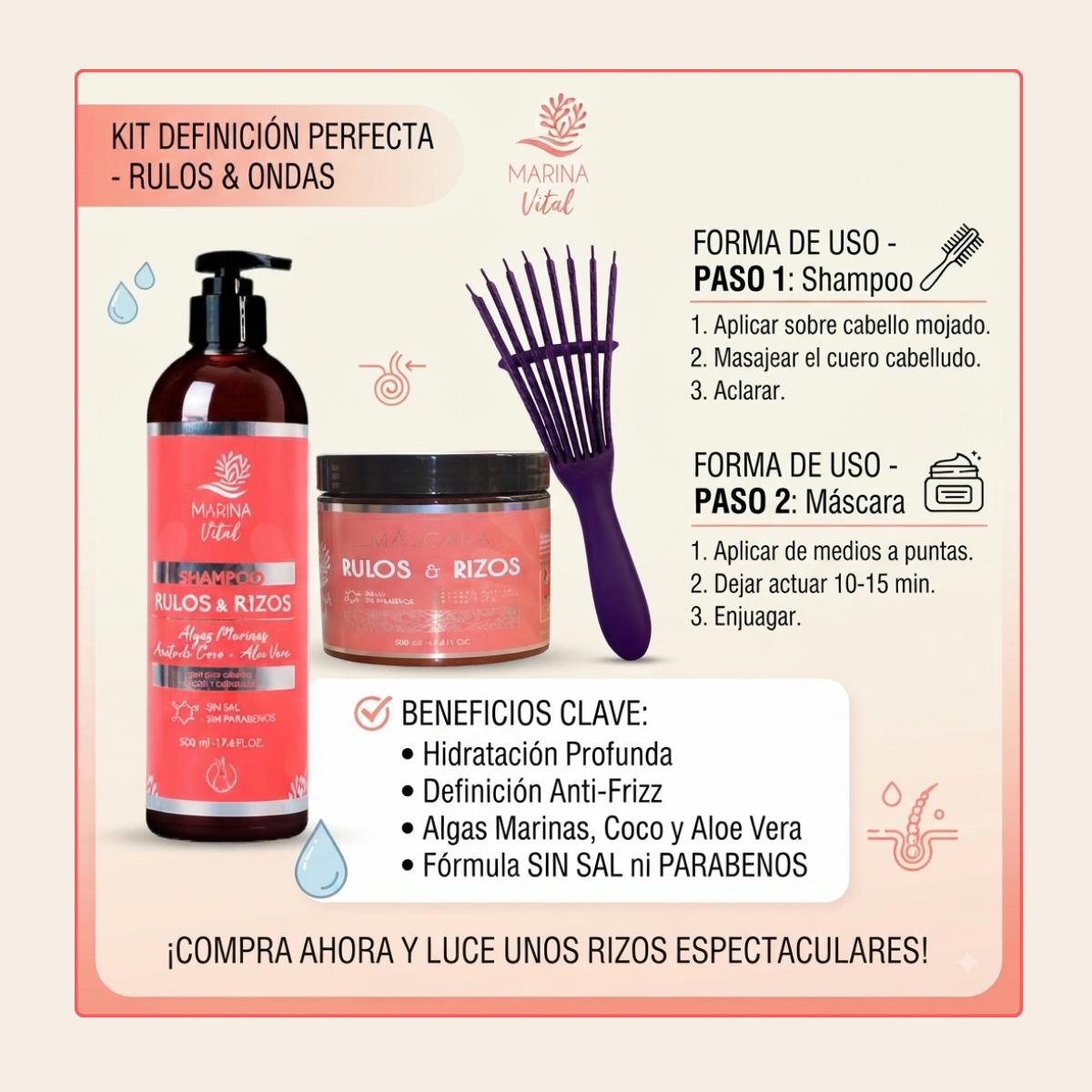 Shampoo y Máscara Rulos y Rizos 500ml c/u + Cepillo Morado