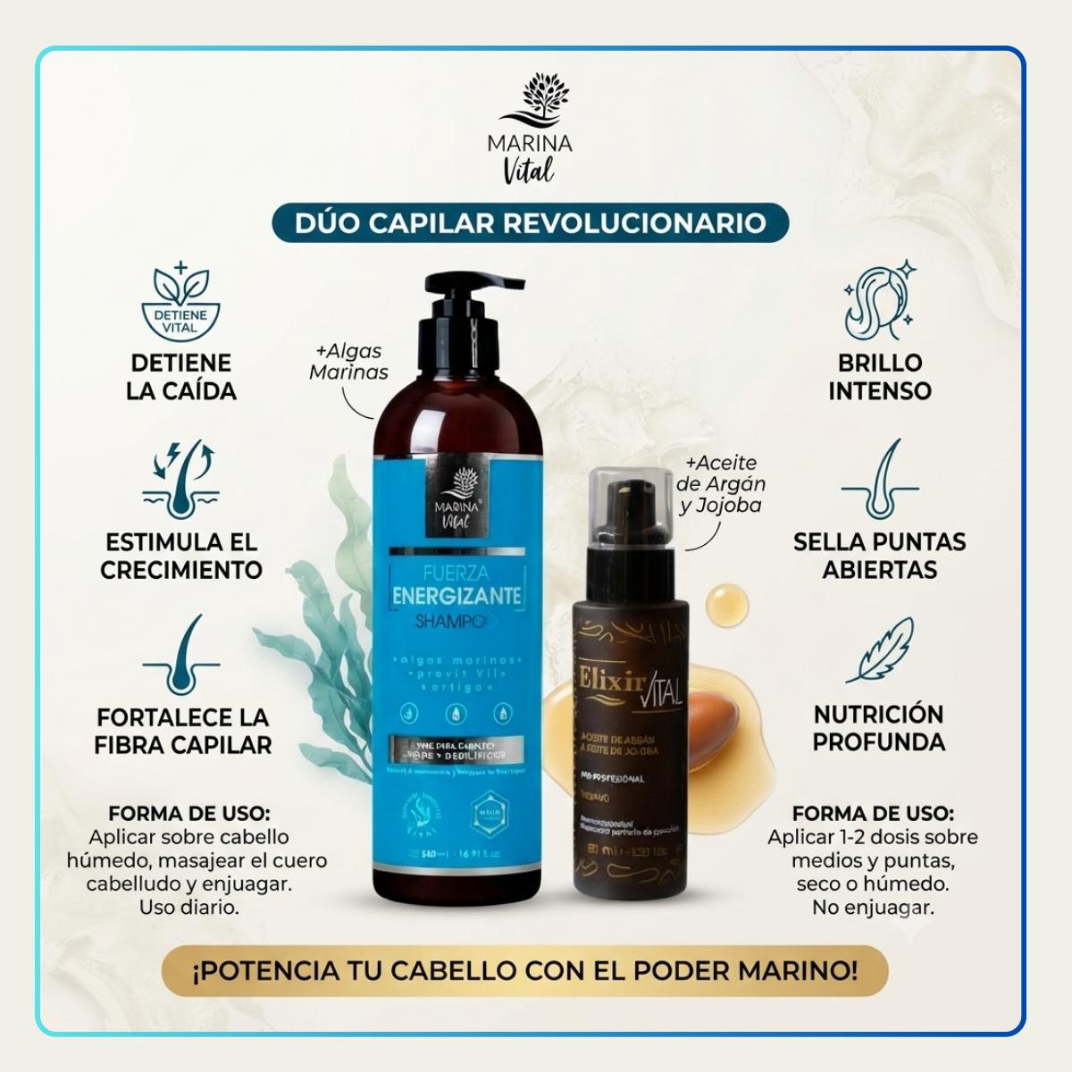 Shampoo Fuerza Energizante 500 ml+ Serum 60 ml Marina Vital