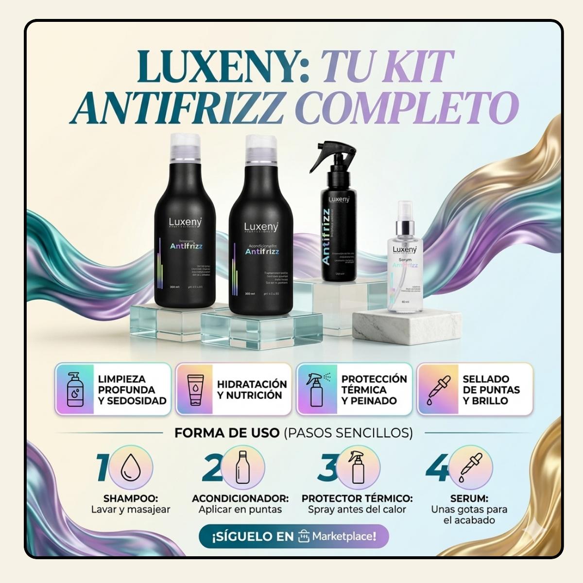 Shampoo, Acondicionador, Serum y Protector Térmico Antifrizz