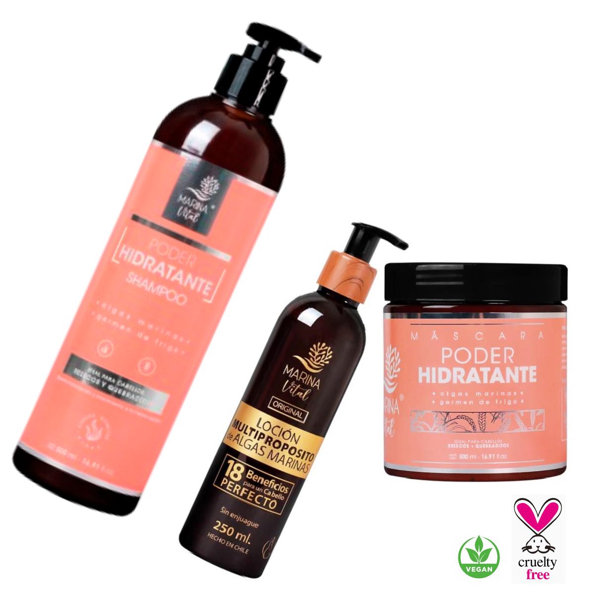 Shampoo, Mascara Poder Hidratante y Locion Multiproposito
