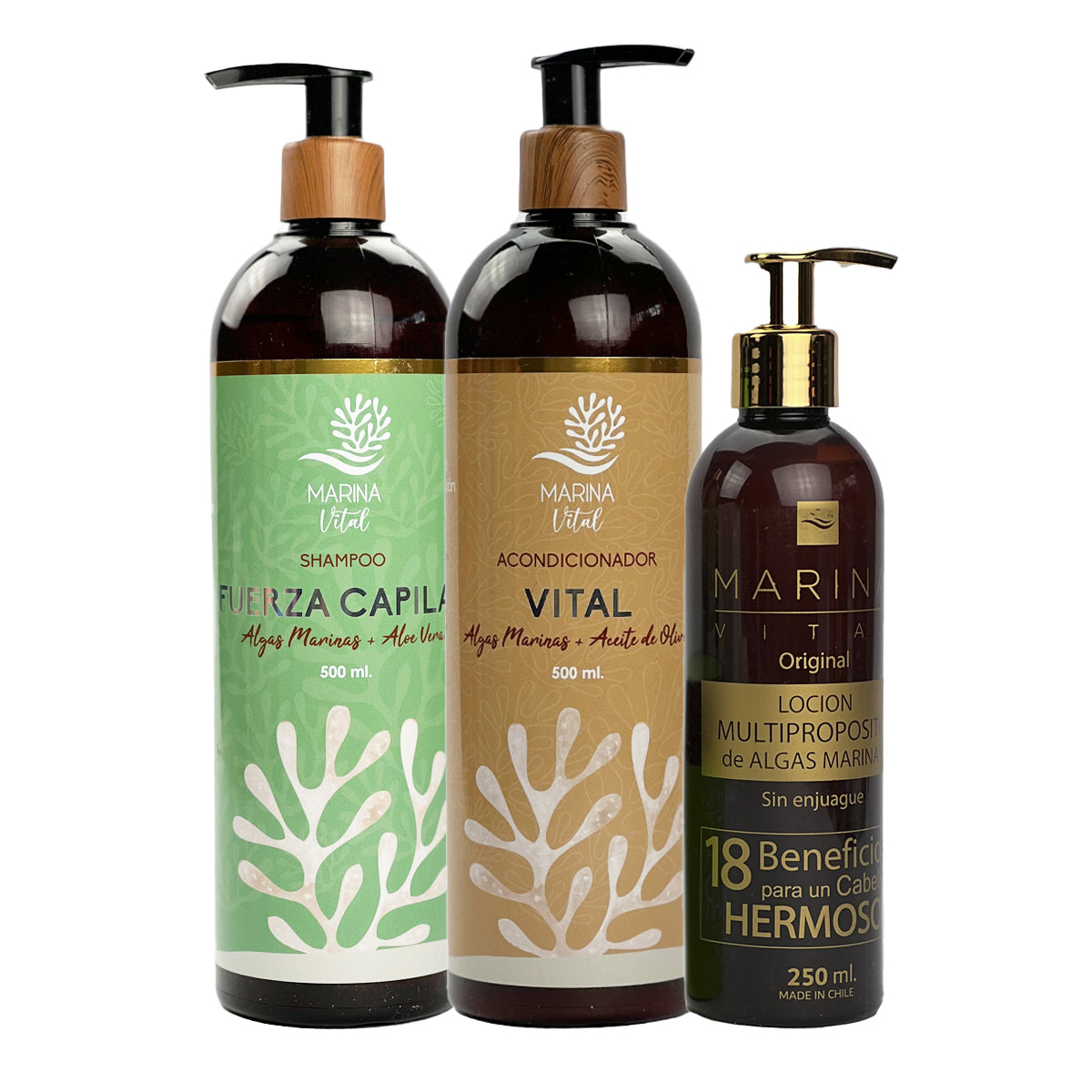 Shampoo Fuerza Capilar y Acondicionador+Loción Multiprop Marina Vital