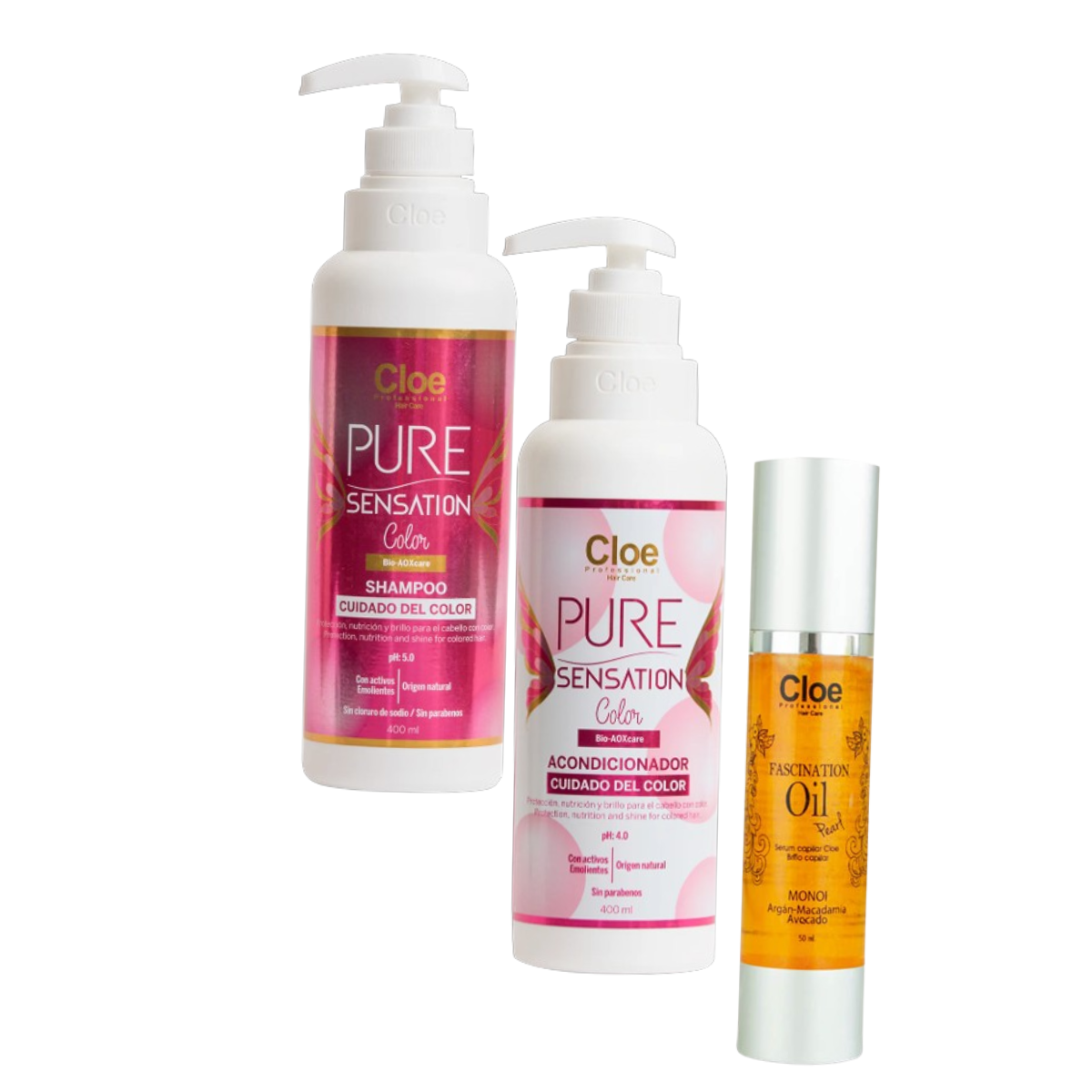 Shampoo + Acondicionador Pure Sensation Color + Serum Fascination Oil Aceite Pearl Cloe