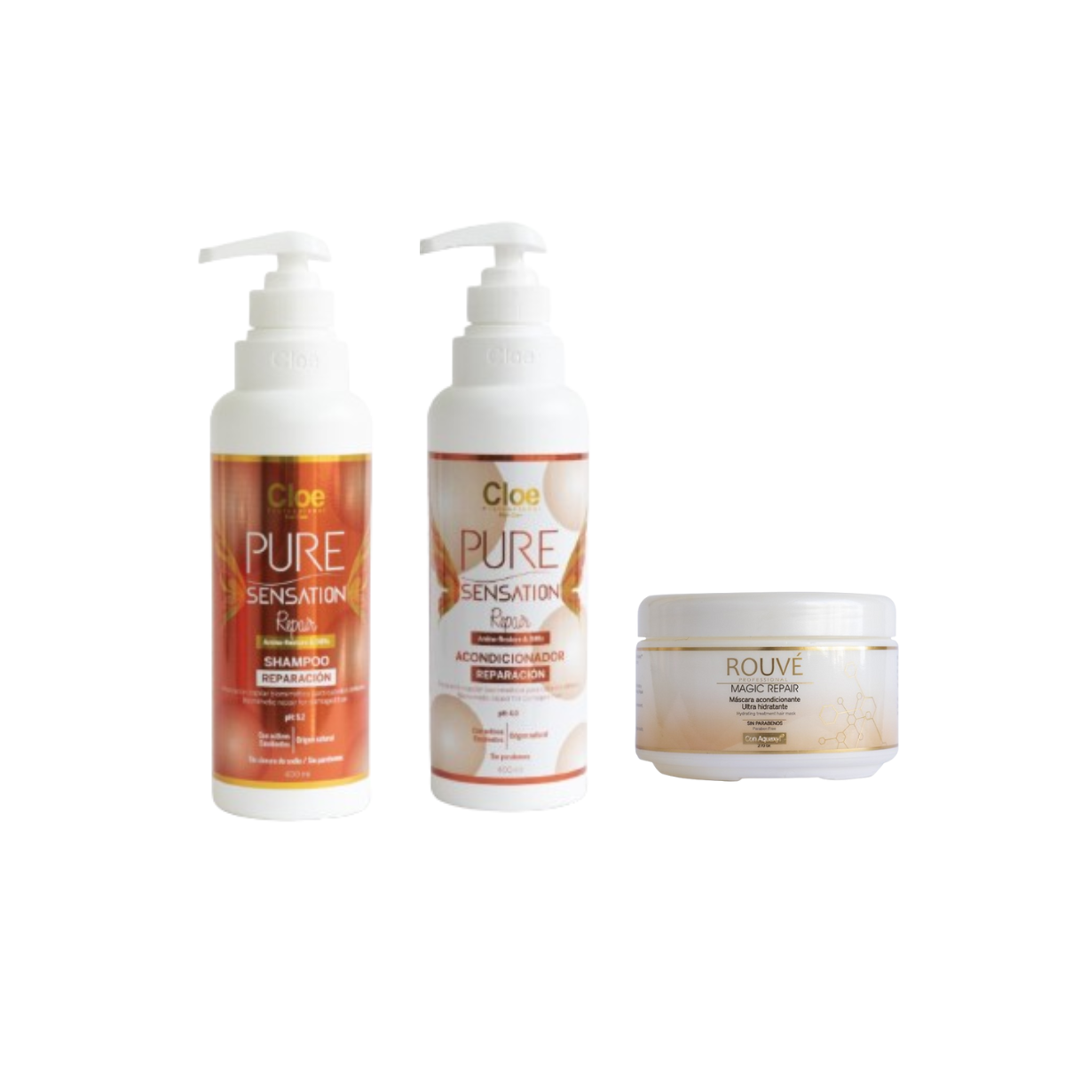 Shampoo + Acondicionador Cloe Pure Sensation Repair + Mascara Magic Repair Cream Rouve