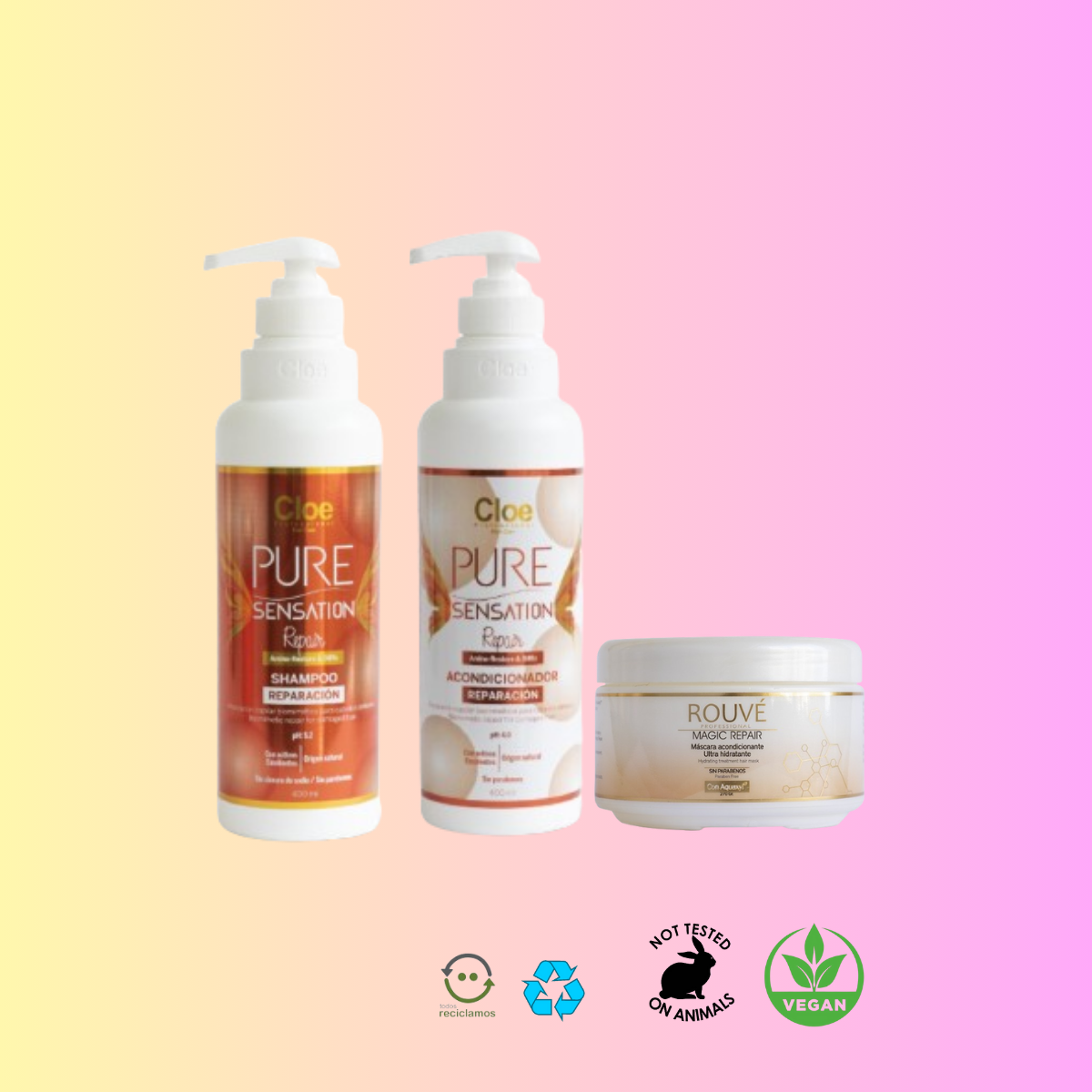 Shampoo + Acondicionador Cloe Pure Sensation Repair + Mascara Magic Repair Cream Rouve