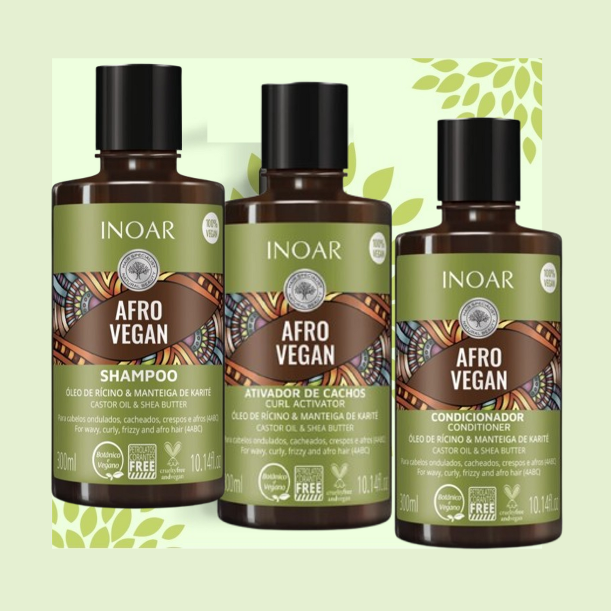Pack Shampoo + Acondicionador + Activador de Rulos Afro Vegan 300 Ml C/U inoar