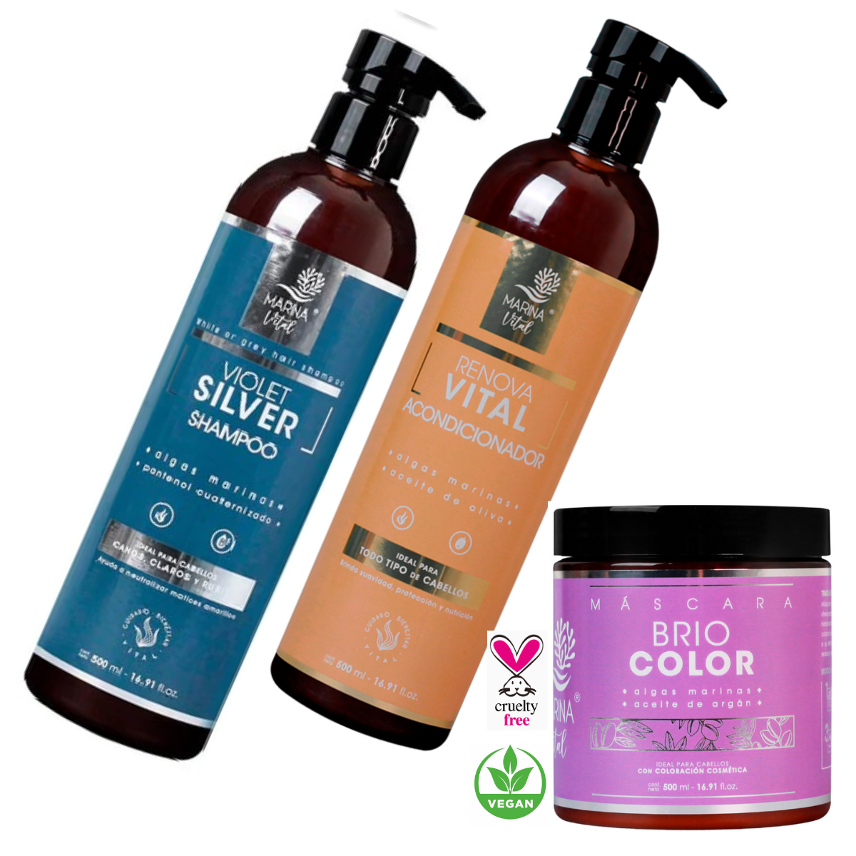 Shampoo Silver +Mascara Briocolor + Acondicionador Marina Vital