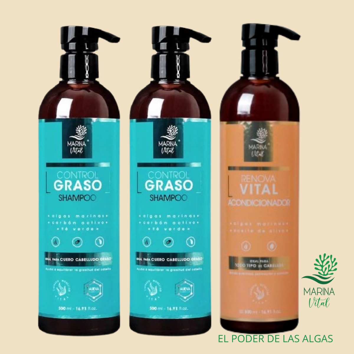 Shampoo Control Graso 2 y Acondicionador 1 Marina Vital