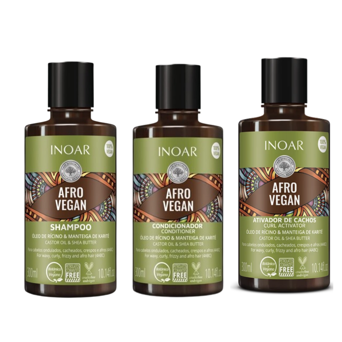 Pack Shampoo + Acondicionador + Activador de Rulos Afro Vegan 300 Ml C/U inoar