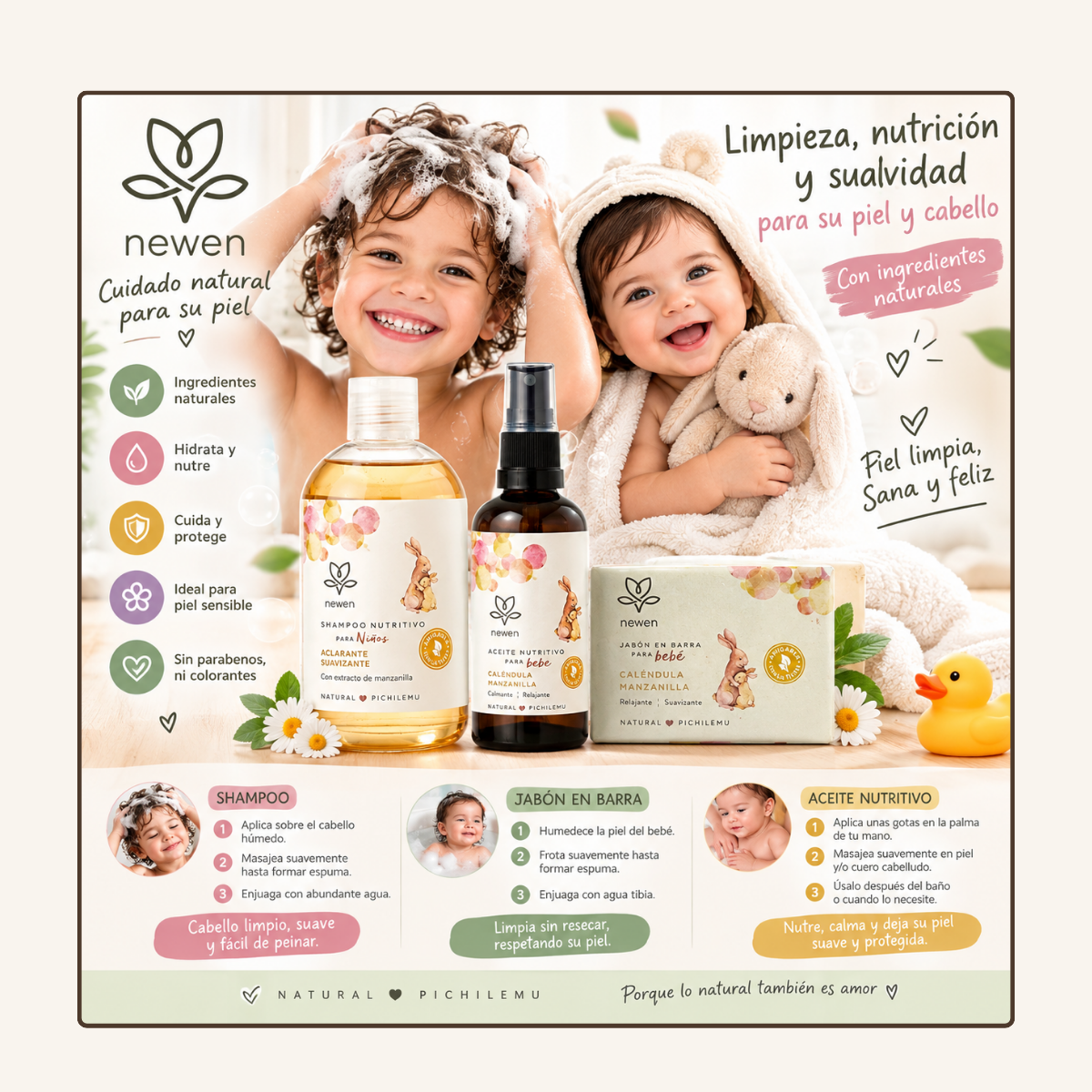Shampoo + Jabon + Aceite Nutritivo NiÃ±o (a)  400 ml Newen