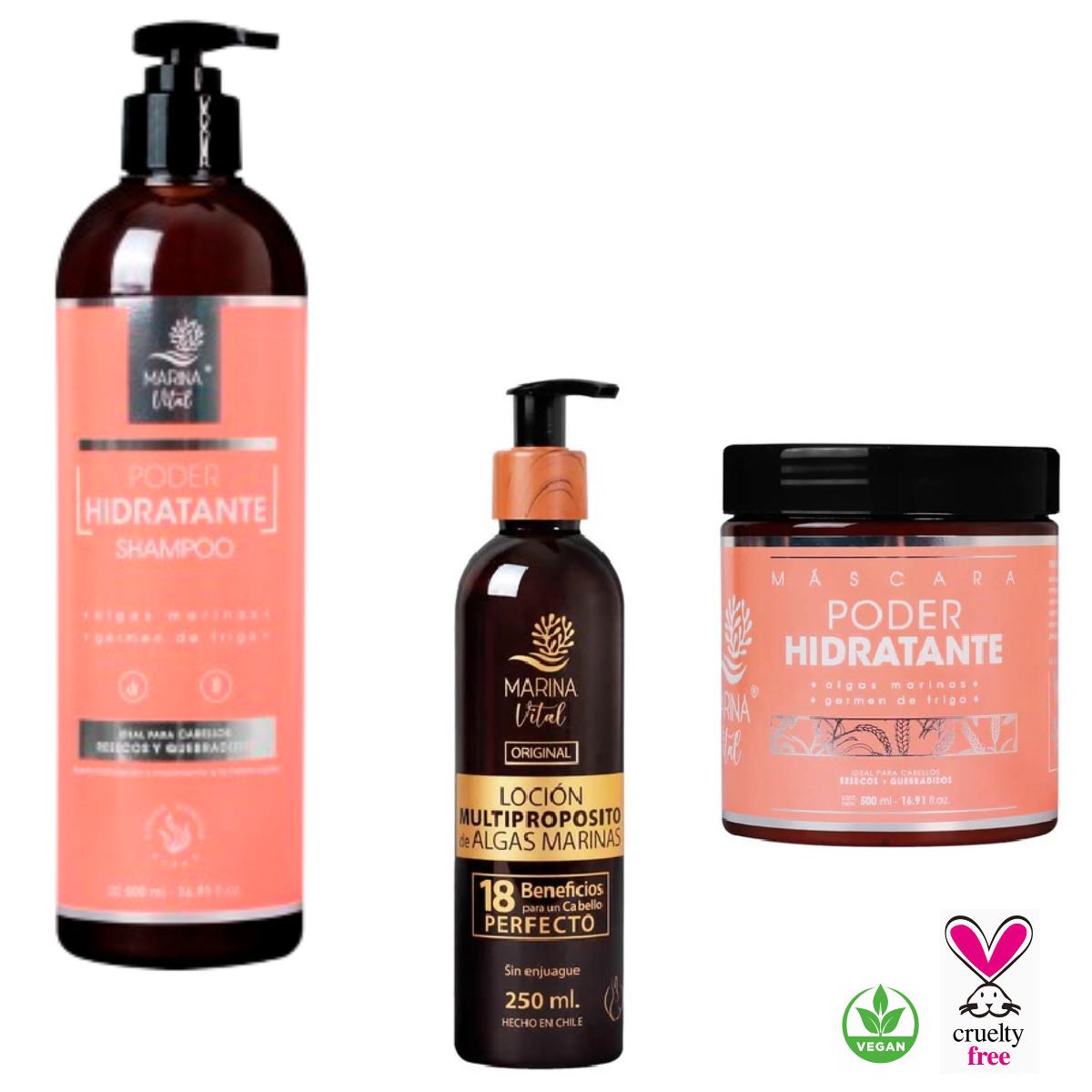 Shampoo, Mascara Poder Hidratante y Locion Multiproposito