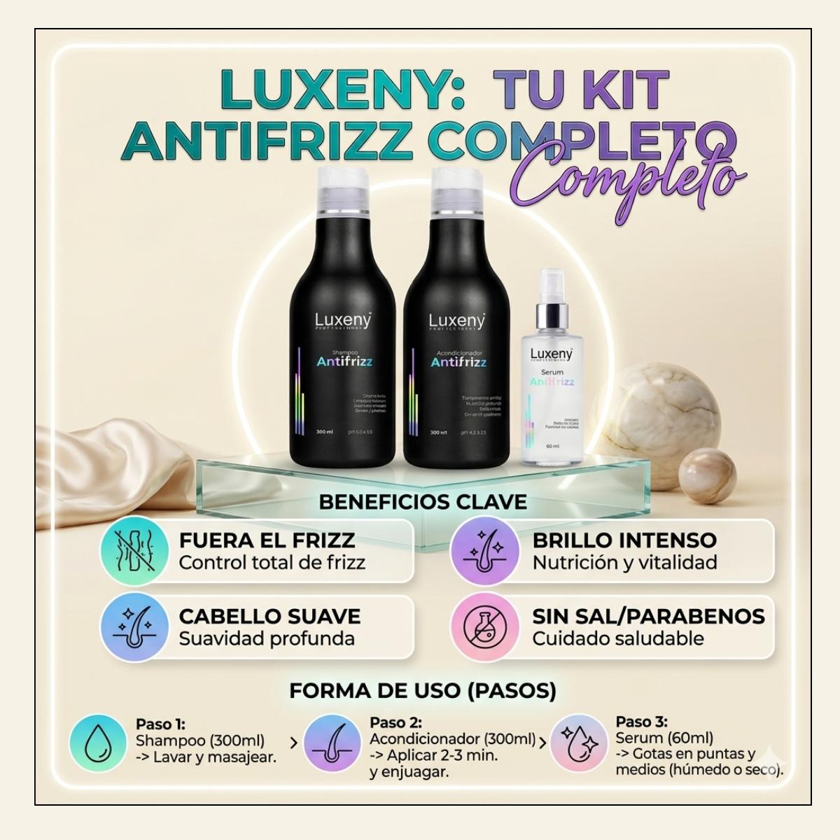 Shampoo, Acondicionador y Serum Antifrizz  Luxeny