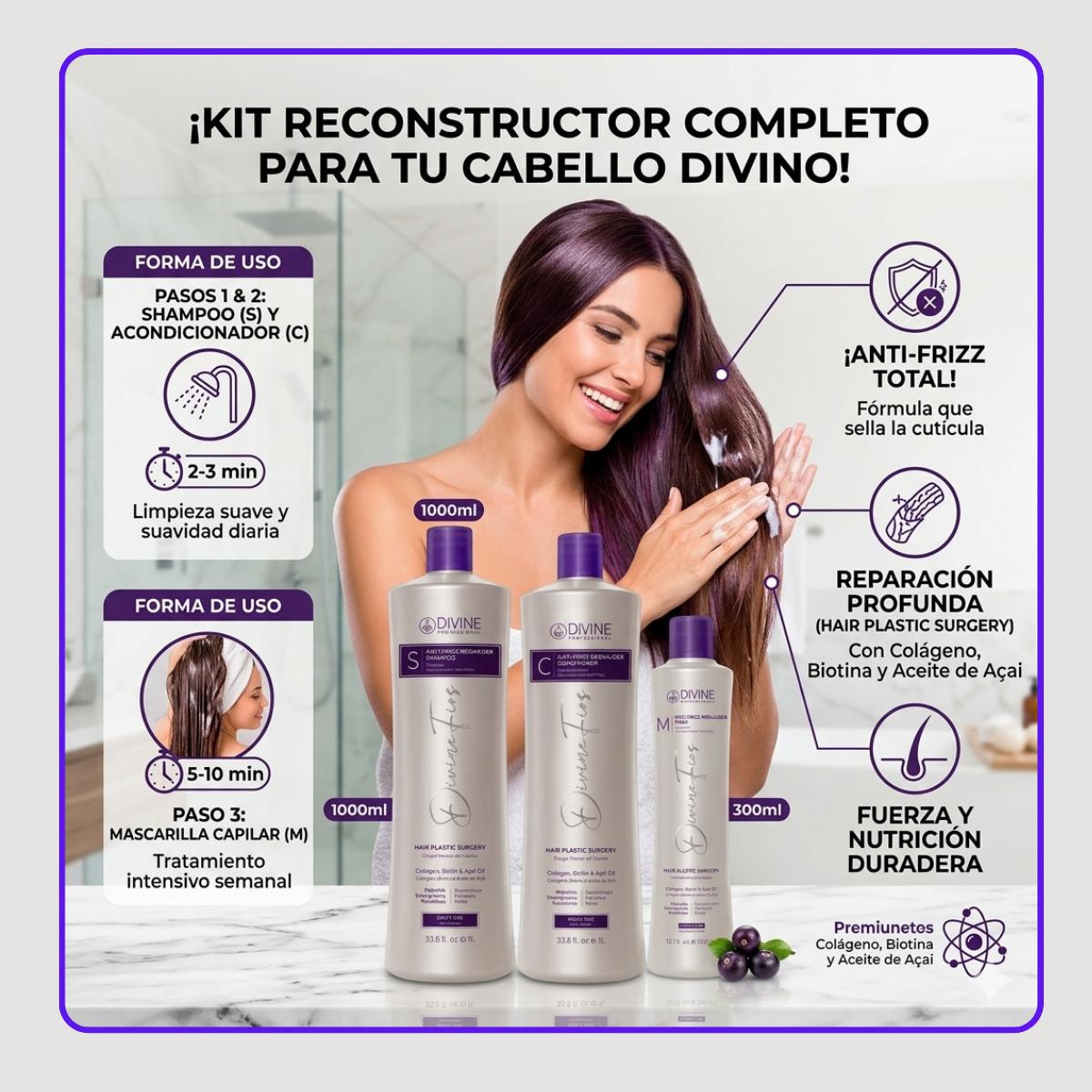 Kit HC Shampoo + Acondicionador 1000ml, Mascara 300ml Divine