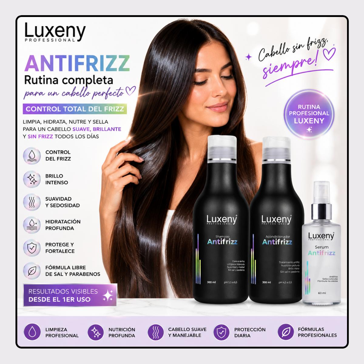 Shampoo, Acondicionador y Serum Antifrizz  Luxeny