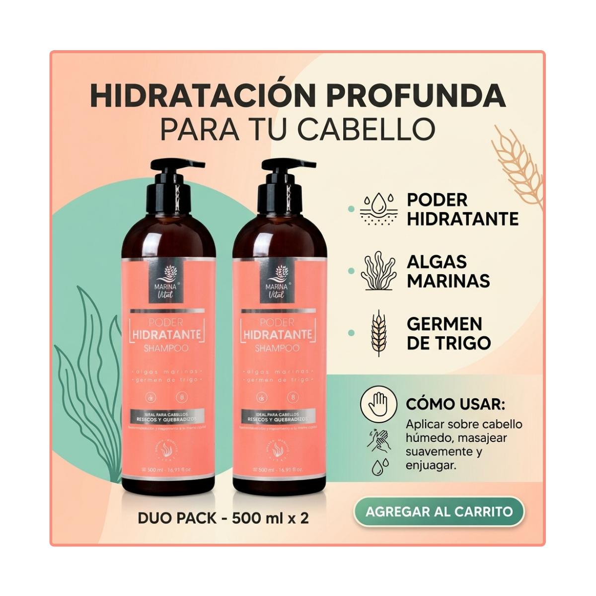 Shampoo Poder Hidratante  500 ml con Algas Pack 2 Productos