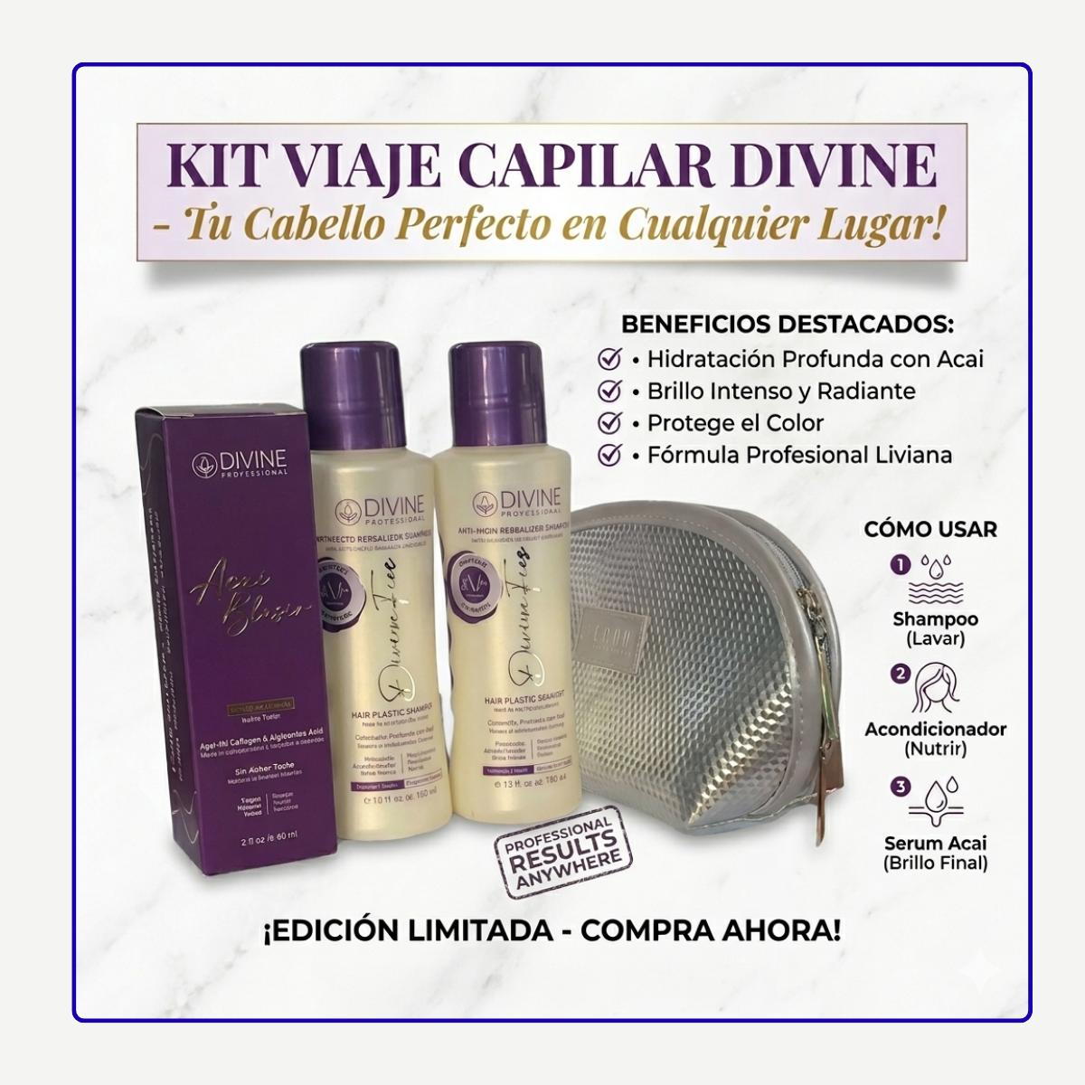 Kit Travel Shampoo, Acondicionador, Serum Acai Elixir Divine