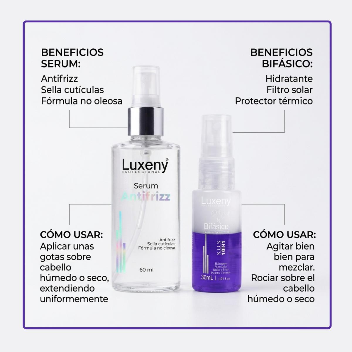 Serum Antifrizz 60 ml y Spray Bifásico 10en1 30ml Luxeny