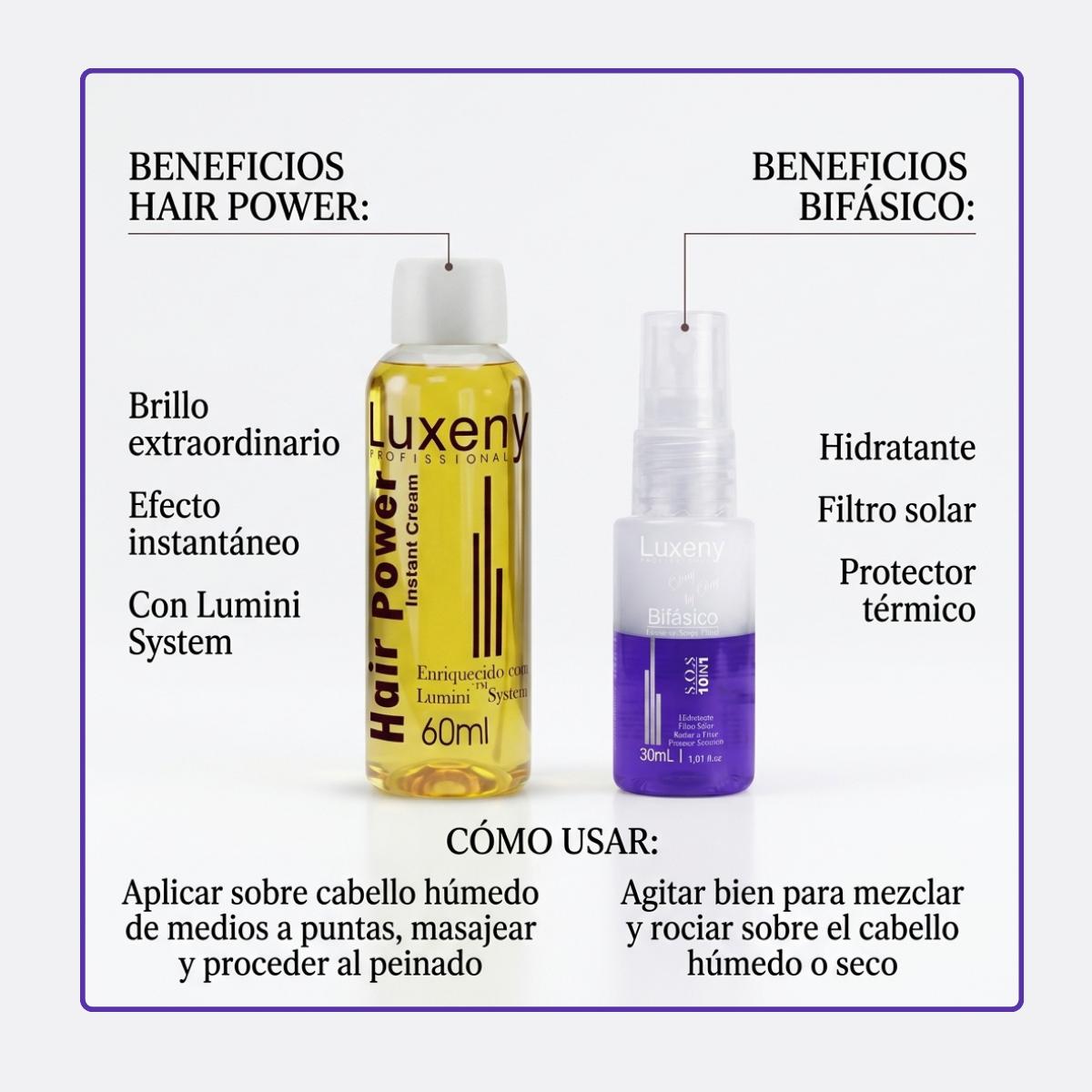 Hair Power Capilar 60ml y Spray Bifásico 10en1 30ml Luxeny
