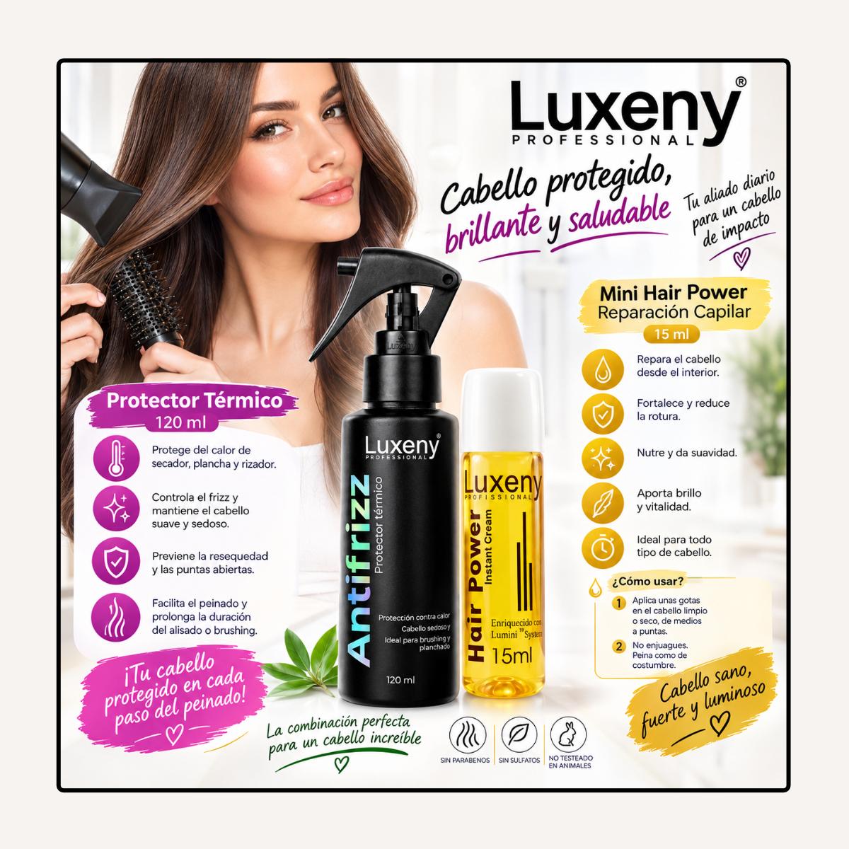 Protector Térmico 120 ml y Mini Hair Power 15 ml Luxeny