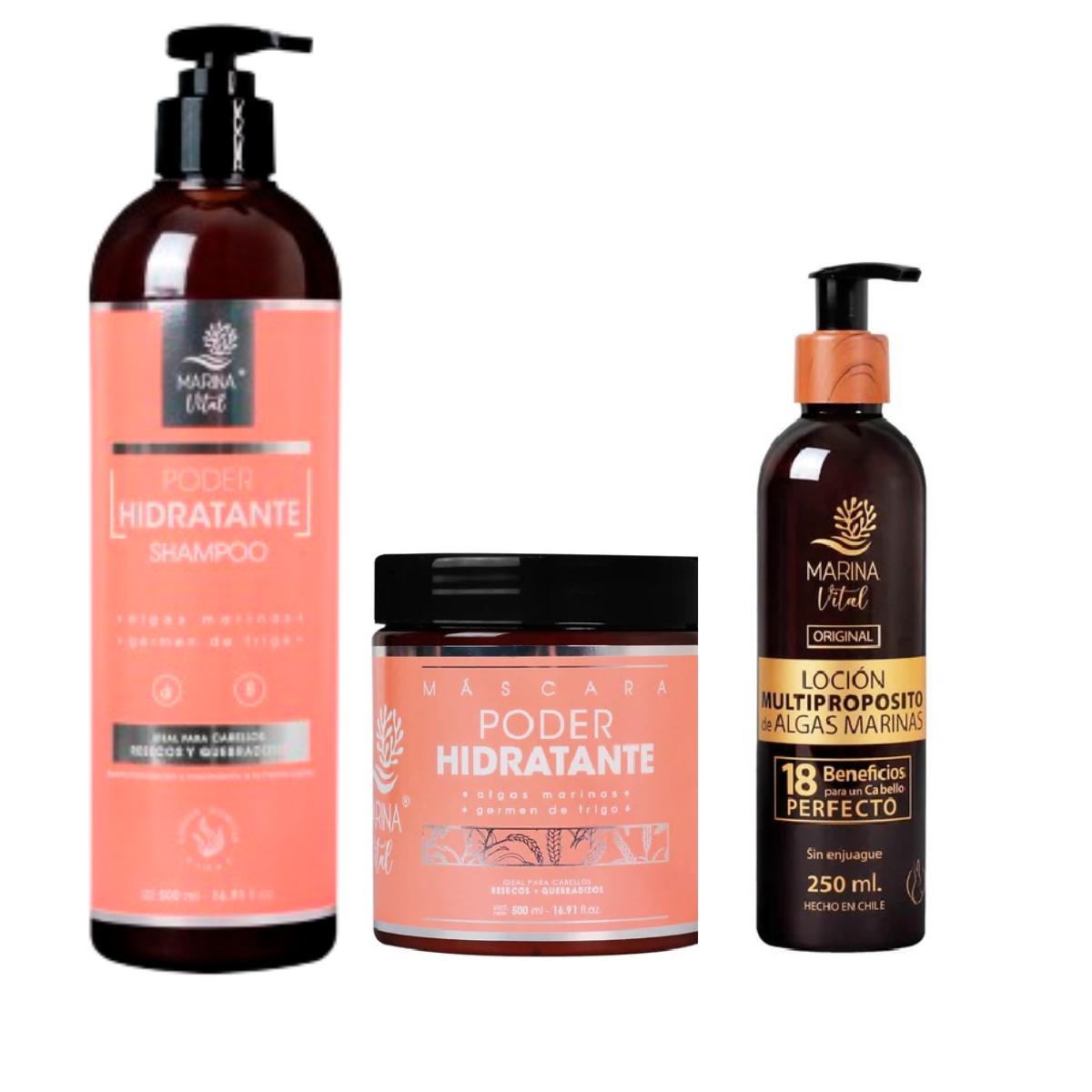 Shampoo, Mascara Poder Hidratante y Locion Multiproposito