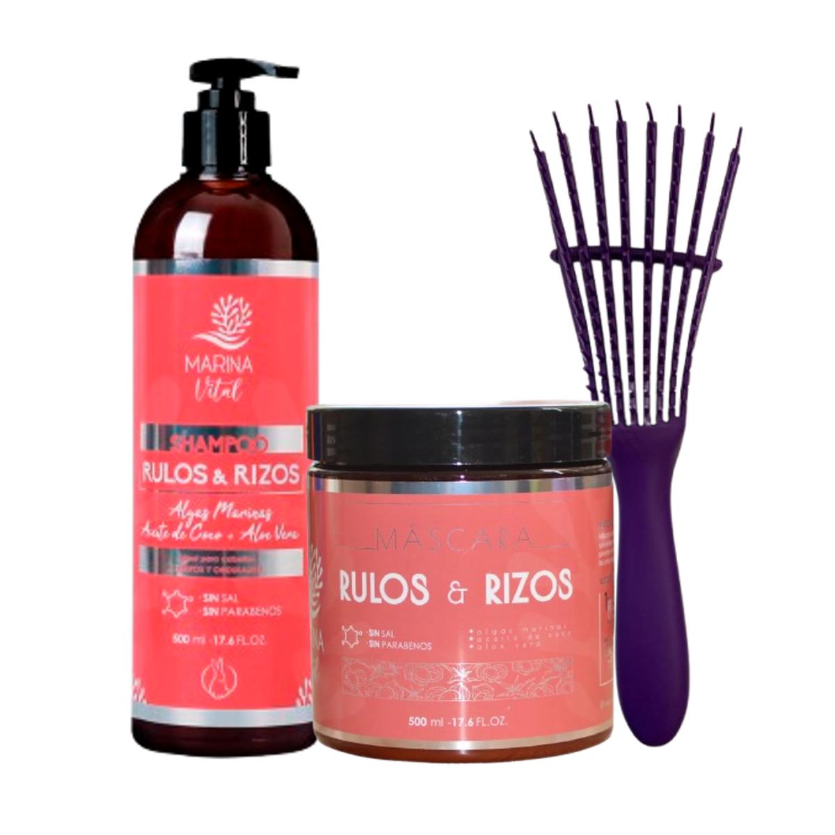 Shampoo y Máscara Rulos y Rizos 500ml c/u + Cepillo Morado