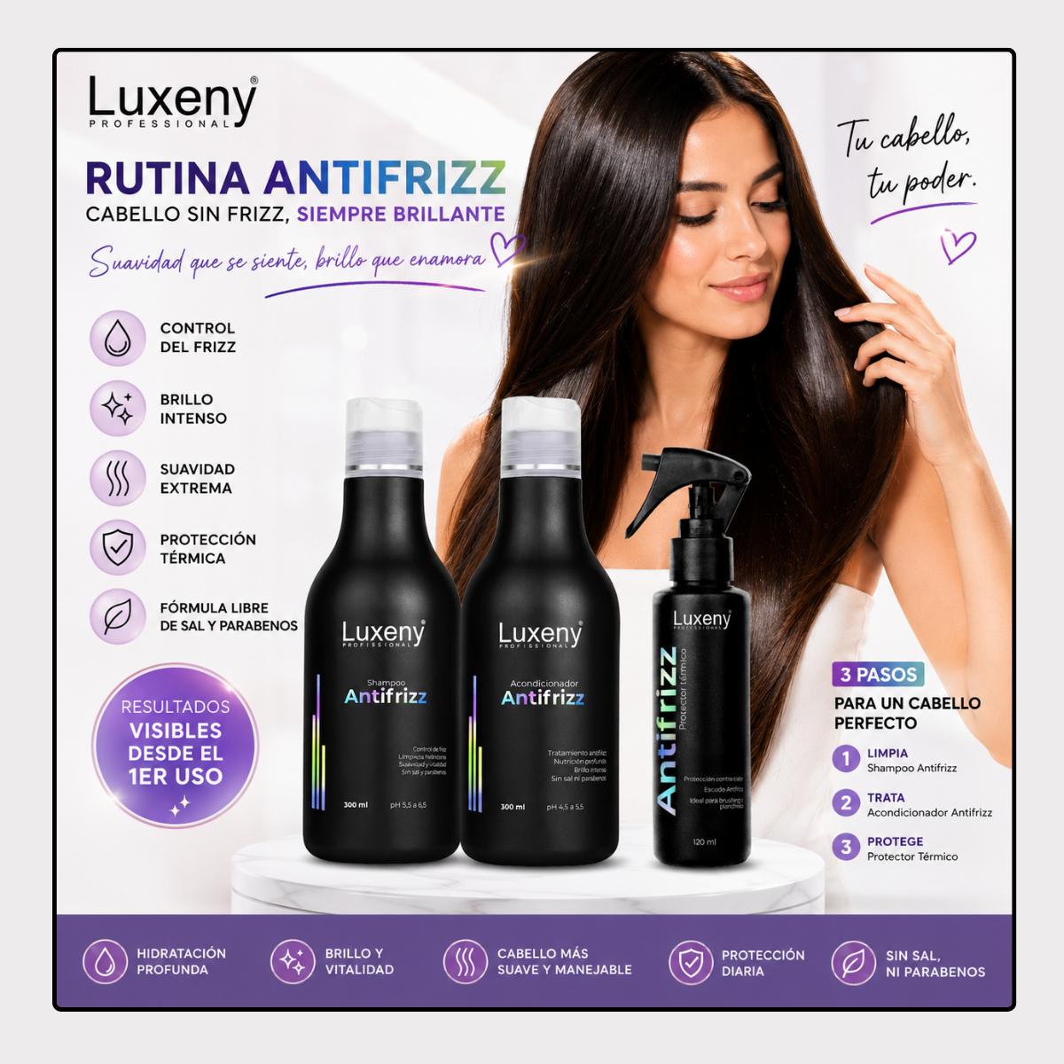 Shampoo, Acondicionador y Protector TérmicoAntifrizz  Luxeny