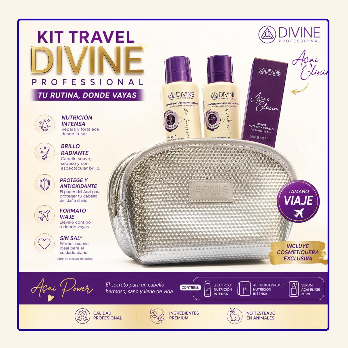 Kit Travel Shampoo, Acondicionador, Serum Acai Elixir Divine
