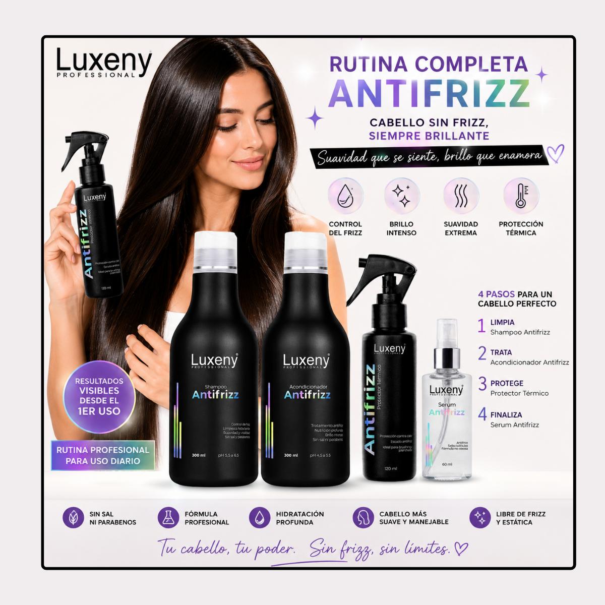Shampoo, Acondicionador, Serum y Protector Térmico Antifrizz