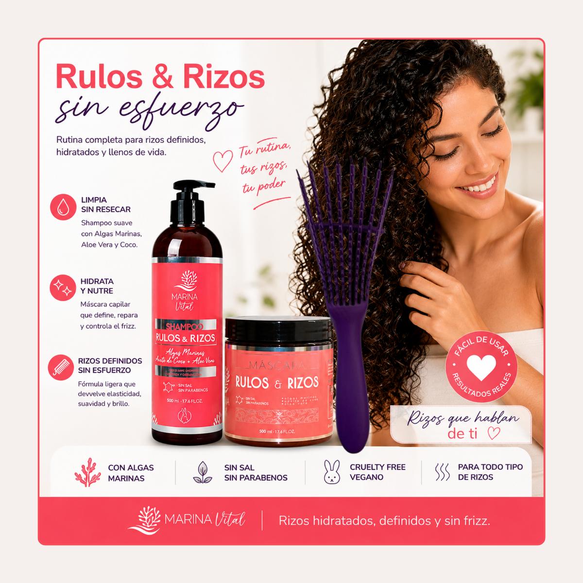 Shampoo y Máscara Rulos y Rizos 500ml c/u + Cepillo Morado