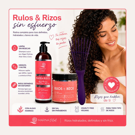 Shampoo y Máscara Rulos y Rizos 500ml c/u + Cepillo Morado