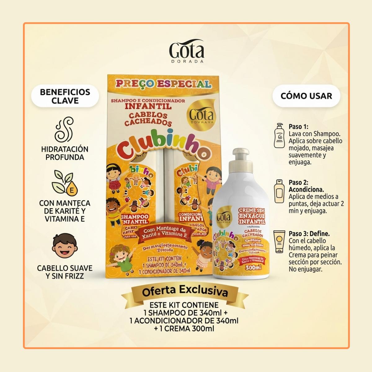 Kit Cabello Rizado Niño Shampoo Acondicionador + Crema